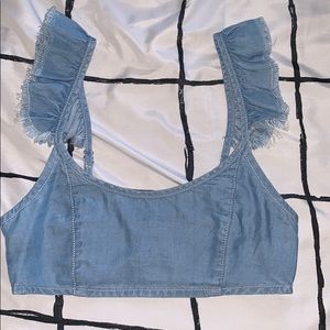 Crop Top Flare Shoulders Denim Style Ruffle Back